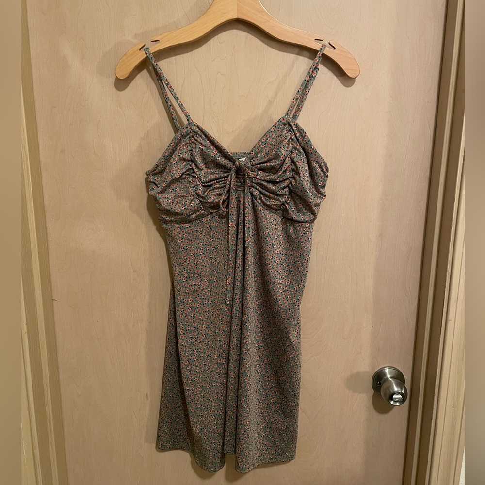 Green and Floral Ruched Bust Slip Mini Dress